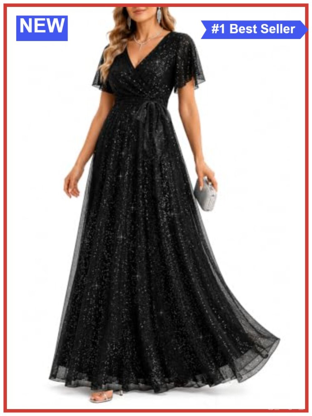 Shimmer Formal Evening Maxi V-Neck A-Line Dress with Flutter Sleeves